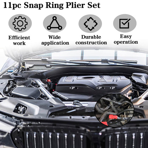 Car engine with Long Reach Snap Ring Pliers Set Heavy Duty 11 Piece With Case Retaining Ring Pliers in use