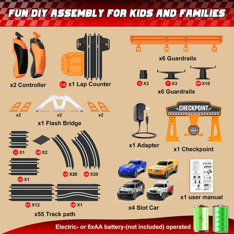 Epic Slot Car Race Track Set For Kids With 29 Foot Electric Track components displayed, including controllers and slot cars.