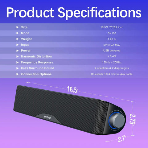 Image of Dope High Fidelity Computer Sound Bar With Bluetooth And 3.5mm Aux Input USB C Powered For Desktop PC Laptop And Monitor Built In Microphone And Headphone Jack Rich Stereo Audio, showing product specifications and size.