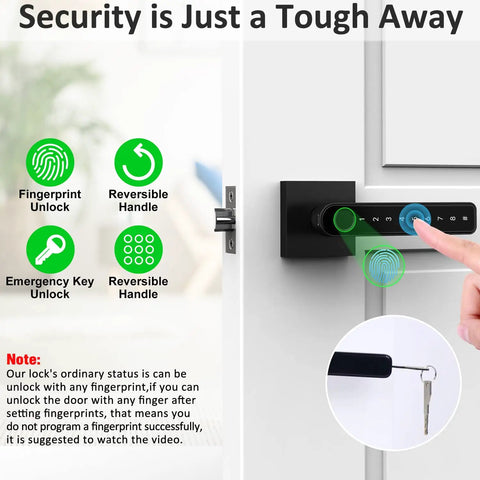 Keyless Door Lock Set With Keypad And Biometric Fingerprint, touchscreen access with security options displayed, black finish