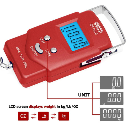 Digital Luggage Scale 110 Lb With Tape And Stainless Steel Hook Ultra Accurate For Travel And Fishing A Super Handy Weighing Tool For Baggage Or Gear Everyday Carry. Red digital luggage scale with LCD screen, stainless steel hook, and unit conversion display.