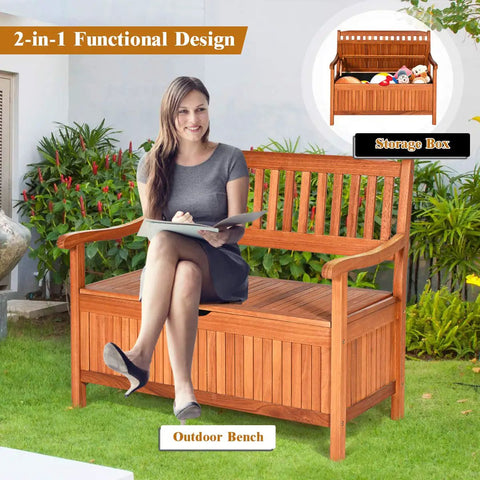 Outdoor Dope Wood Storage Bench Deck Box with removable lining and handles in eucalyptus wood for garden use, woman sitting.