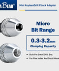 Keyless Mini Drill Chuck Adapter With One Quarter Inch Hex Shank And Quick Swap Rig For Cordless Drivers showing micro bit range 0.3-3.2 mm.