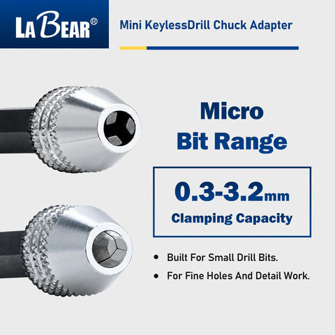 Keyless Mini Drill Chuck Adapter With One Quarter Inch Hex Shank And Quick Swap Rig For Cordless Drivers showing micro bit range 0.3-3.2 mm.