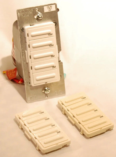Decora Countdown Timer Switch For Lights And Fans, 1800W 20A, 1HP, presets 2-15 minutes, with faceplates and mounting hardware.