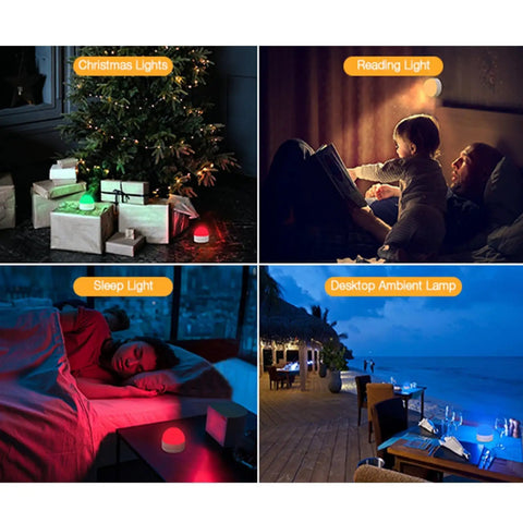 Scenarios using Portable Night Light With Dimmable RGB 8 Color LED, 1800mAh Rechargeable Battery, kids reading, sleeping, decor.