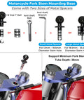 Motorcycle Fork Stem Phone Mount components with spacers and wrench for 12mm to 25.4mm fork tubes, anti-theft feature shown.