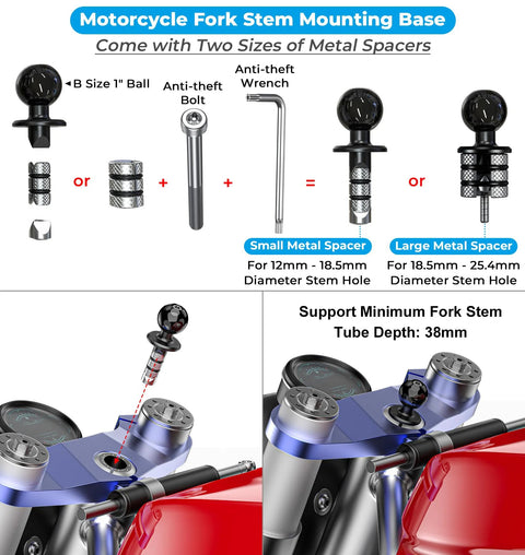 Motorcycle Fork Stem Phone Mount components with spacers and wrench for 12mm to 25.4mm fork tubes, anti-theft feature shown.