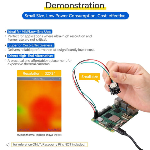Demonstration of Budget Friendly Thermal Imaging Camera With 32x24 IR Sensor And I2C for Raspberry Pi, Arduino, STM32 projects.