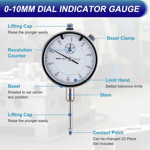 Dial Indicator With Magnetic Base 0 To 1 Inch Range And 0.001 Inch Resolution, front view showing dial and components.