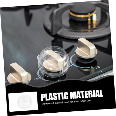 Transparent Six Pack Stove Knob Covers Safety Guards on gas stove for child safety, easy to install and kid-safe home use.