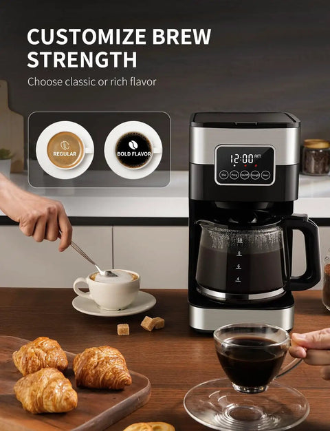 10 Cup Programmable Coffee Maker With Regular And Strong Brew Auto Shut Off Permanent Filter Easy LCD Touch Screen Great For Home Or Office Silver Finish, shown with coffee and pastries.