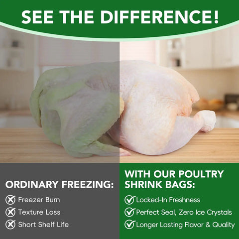 Clear 13x18 Inch Poultry Shrink Bags 100 Pack With 100 Zip Ties And Silicone Straw For Freezing, Marinating, Brining Chicken, Turkey And Rabbit Meat 5 To 14 Lbs, shown with freezer burn comparison