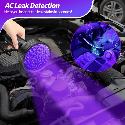 REALHUNLEE AC UV dye leak detector flashlight, front-view black 68-LED device shining purple UV light on car engine bay