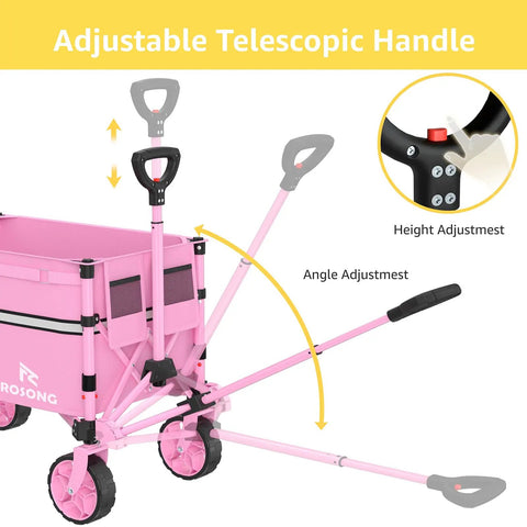 Collapsible Folding Wagon Cart With 360 Degree Wheels And Extendable Handle, Heavy Duty Workhorse Utility Wagon, pink, handle detail