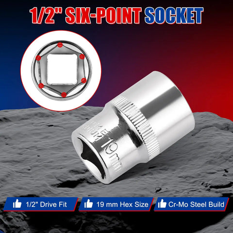 Chrome 19 mm six-point socket with 1/2" drive fit and Cr-Mo steel build