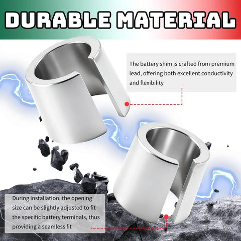 4 Pack Battery Terminal Shims Kit For Cars And SUVs With Positive And Negative Post Washers Restores Tight Metal Contact Ends Draggy Starts And Loose Posts No Nonsense Upgrade For Smoother Electrical Performance, showing two lead shims on colorful background.