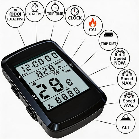 GPS Cycling Computer With Wireless Ride Data, IPX7 Waterproof Bike Speedometer Odometer, 2.4 Inch LCD With Backlight, showing data features