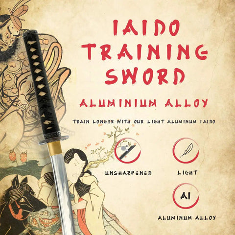 Unsharpened Aluminum Alloy Katana Iaito For Iaido Training With 28 Inch Blade Fuller Groove Audible Swing Geometric Tsuba Safe Practice Sword For Drills And Kata pictured with vintage style artwork background