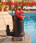 Heavy Duty Submersible Water Pump With 4600 GPH Flow Rate And Built In Filter Base for quick drainage by poolside.