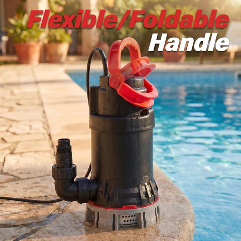 Heavy Duty Submersible Water Pump With 4600 GPH Flow Rate And Built In Filter Base for quick drainage by poolside.