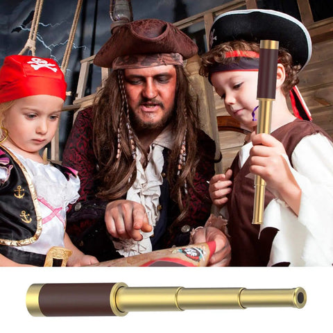 Pirate Monocular Telescope with Treasure Map Pocket Compass Collapsible Spyglass for Party Favors Treasure Hunts Camping Bird Watching and Kid Friendly Adventures Perfect Gift for Young Explorers shown with kids in pirate costumes