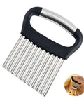 Zemcxney stainless steel crinkle cutter with black handle; vegetable waffle fry slicer, front view