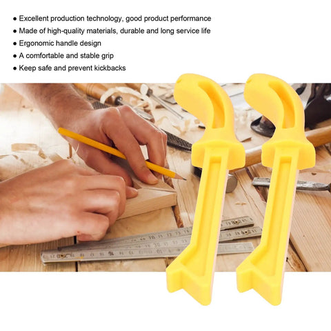 Pro Grade Woodworking Push Sticks Set For Table Saws And Planers with two bright yellow plastic rods on a woodworking table