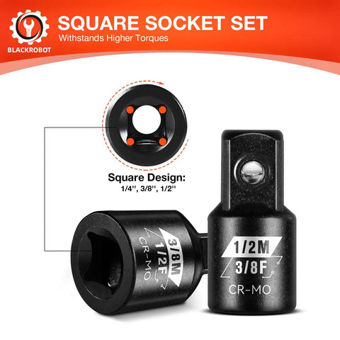 Impact Socket Adapter Set One Quarter Inch To One Half Inch SAE Drive Square Reducers And Adapters Four Piece Heavy Duty Chromoly Steel Laser Marked