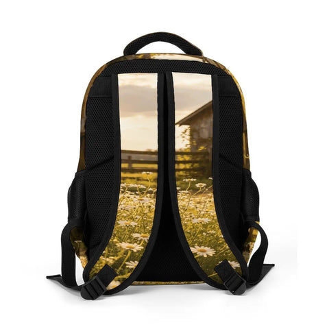 Sunset Daisy Barn Farm Printed Unisex Backpack With Large Capacity, breathable straps, daisy field and barn design on back