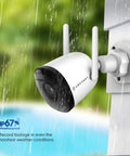 1080P Outdoor WiFi Security Cam With 102 Degree Field Of View, 98ft Night Vision, weatherproof IP67, white, mounted on wall