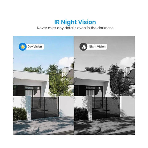 IR night vision comparison showing Heavy Duty Wireless Ptz Outdoor Security Camera with day and night views of a property.