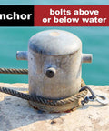 Anchor used on dock with heavy-duty rope and metal fastener for securing boats, suitable for above or below water applications.