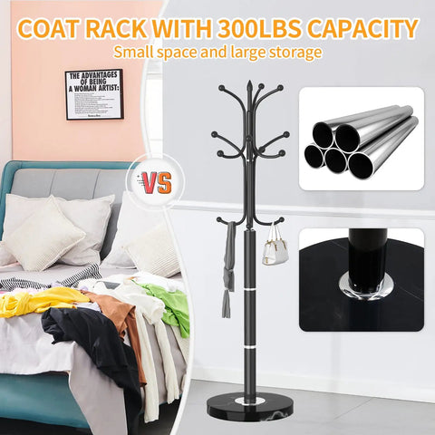 Metal Coat Rack Freestanding With Natural Marble Base, Dope Modern Black Coat Tree Stand With 12 Hooks For Entryway and hallway
