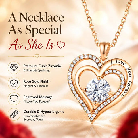 Romantic Gift Set For Wife With Crystal Preserved Rose And Heart Necklace Engraved I Love You Forever shows gold heart pendant.