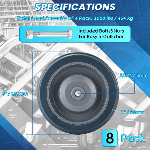 Close-up of Heavy Duty 5 Inch Shopping Cart Wheels Replacement 8 Pack With Durable Polyurethane And Steel Hardware showing dimensions and bolts.