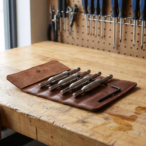 Beavorty Premium Steel And Carbide Tipped Electric Drill Pilot Bits For Cabinet Hinge Installations shown in a leather pouch on a workbench.