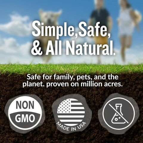 Beneath grass, non-GMO and made in USA icons for 'Liquid Lawn Aerator And Dethatcher With Hose End Sprayer For Clay And Compacted Soil'.