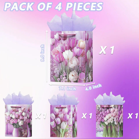 4 Pack 9 Inch Small Gift Bags With Handles, Floral Purple Tulip Design, Tissue Paper Included, Gift Bags For Birthday