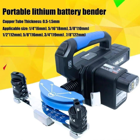 Cordless Electric Pipe Bender Tool For Air Con AC Systems Quick 9 Sec Bend For Copper Iron Aluminum Tubes One Half To Seven Eighths Inches Fast Professional Grade Handyman Essential with blue bending guide.