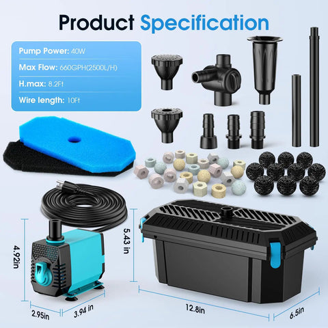 All In One Pond Filter With Pump And Fountain Kit 660GPH 40W Pond Pump for outdoor koi ponds showing pump, box, and components