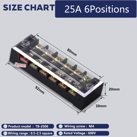 Heavy Duty Dual Row Six Position Screw Terminal Block Kit Two Sets 600V 25A With Cover Rock Solid Insulated Barriers