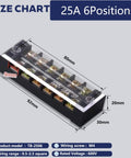 Heavy Duty Screw Terminal Strip 6 Position Dual Row 600V 25A with labeled dimensions and wire capacity shown in image.