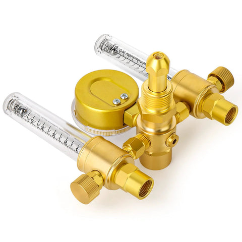 Brass dual-output argon welding regulator with twin flowmeter tubes