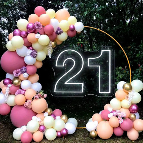 Twenty One Neon Sign LED Wall Light, Large 21.3 By 15.7 Inch neon number 21 with colorful balloons at a wedding event