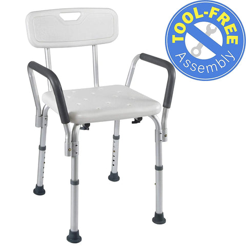 Portable Shower Lift Chair For Seniors And Disabled, Tool Free Assembly Bath Seat With Arms, Adjustable White Shower Bench