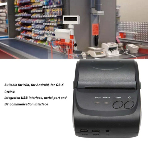 Blazing Fast 58mm Thermal Label Printer, Compact Desktop Receipt Machine with USB and Bluetooth ports for easy connectivity.