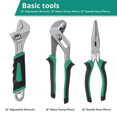 213 Piece Mechanic Tool Set With Socket Wrenches CrV Steel SAE And Metric Home And Auto Repair Kit In Plastic Storage Case All In One Hand Tool Set Slick For Home Projects And Car Maintenance including 8-inch adjustable wrench, water pump pliers, and needle-nose pliers