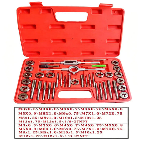 Eujgoov Metric Tap And Die Set With 17 Pieces For Metal Wood Threading Tools Wrench Screwdriver Pitch Gauge Repair Kit for Iron Aluminum Copper Common Materials red case open with taps and dies