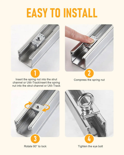 Heavy Duty Stainless Steel Strut Channel Nut And Eye Bolt Set With Long Zinc Plated Springs For Unistrut Systems M8 and M10 eye bolt installation in channel